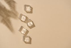 Flat lay of ice cubes on beige background with shadow of leaves