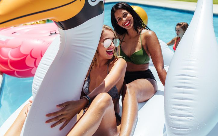 Cheerful friends playing on swan pool float in swimming pool