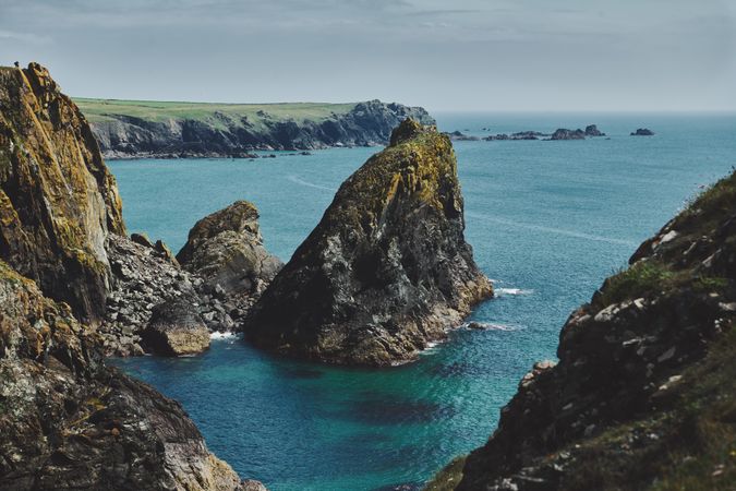 Beautiful view of a rocky cove from a cliff on the British Coast
