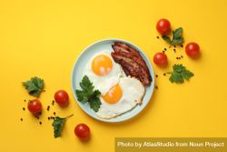Looking down at plate of breakfast with eggs, sunny side up with bacon and tomatoes bDxvyb