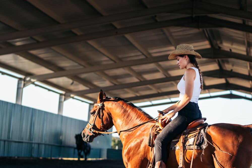 Woman riding a horse in an equestrian center
