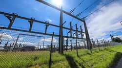 Electrical Transformer. Distribution of electric energy at a big substation with lots power lines on a sunny day