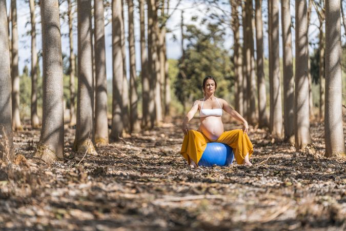 Adult pregnant lady sitting on big pilates ball in park during sunny day