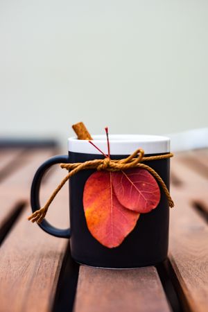 Mug with cinnamon stick decorated with fall leaves