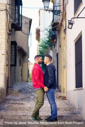 Cute male couple having romantic moment in European city bx1vX0