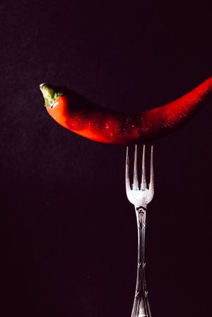 red chili pepper in fork on a dark background
