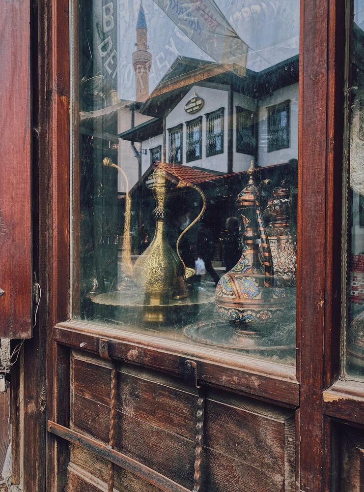 Antique tea pot in shop window