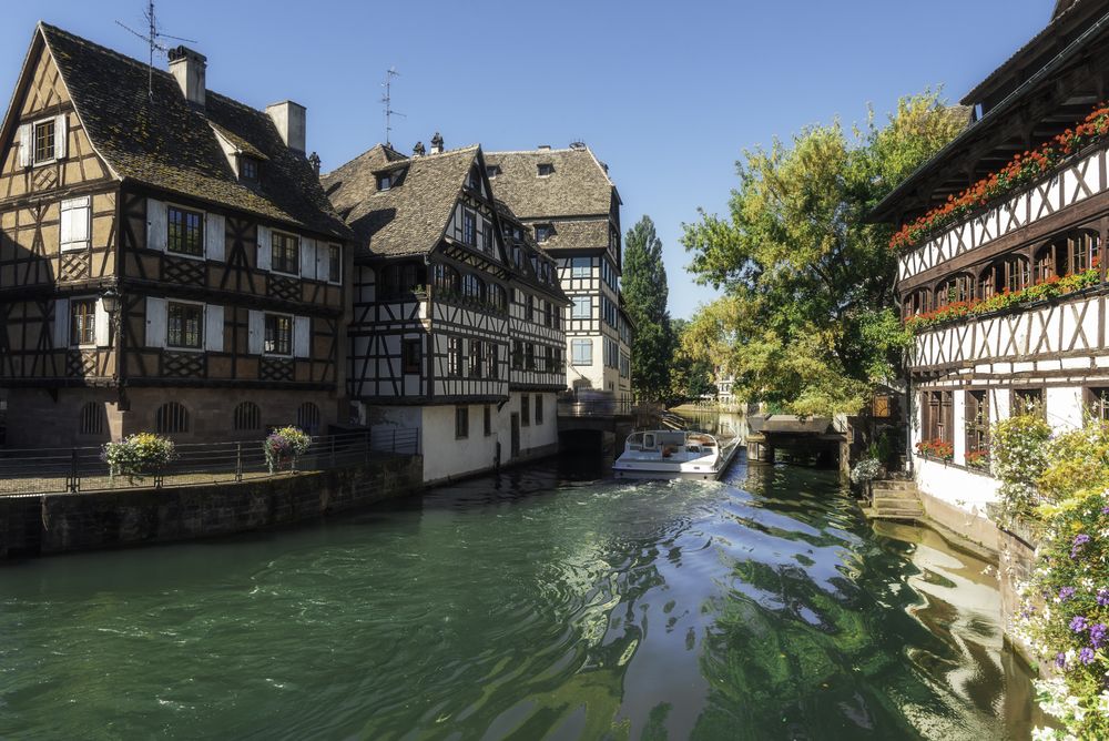 Landscape of river boat in town