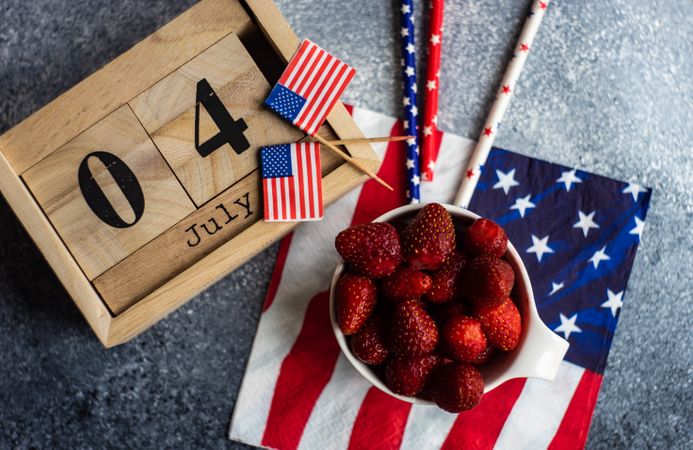 Independence Day celebration snack of strawberries on grey counter