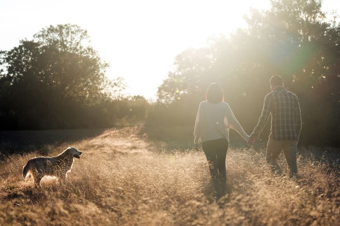 Couple with dog in countryside at sunset