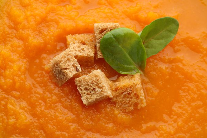 Close up of pumpkin soup croutons