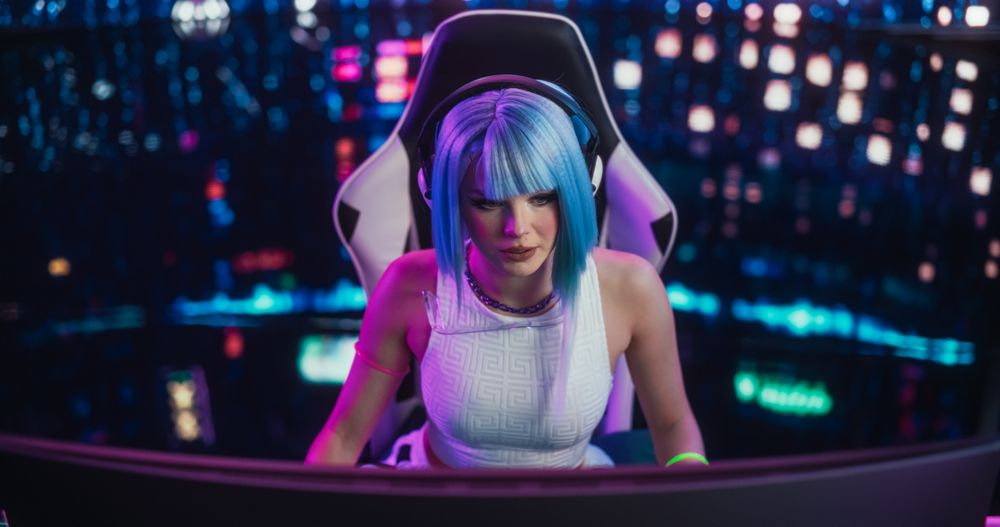Cosplayer Chats Online with Friends on Computer, Surrounded by Cyberpunk Style Background.