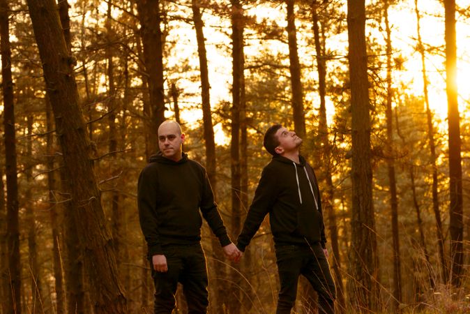 Men holding hands and walking in forest