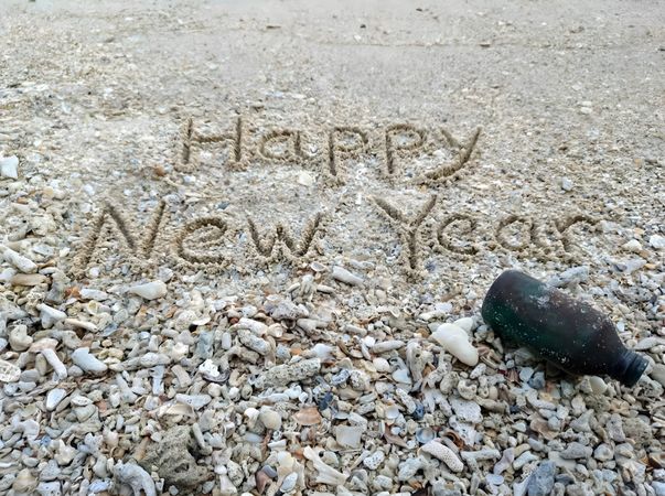 Happy New Year Text On Beach Sand