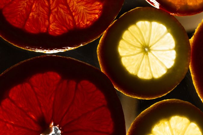 Sliced citrus fruits against light