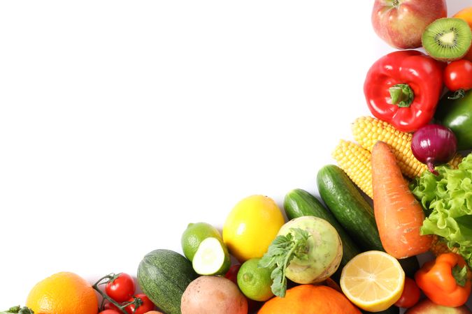 Composition with ripe vegetables and fruits isolated. Top view