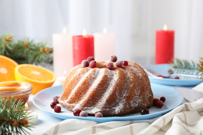 Cake with powder sugar and cranberry on table. Christmas concept