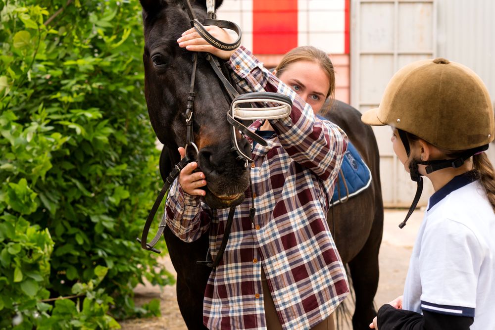 Woman adjusting horse's bridle in stable setting.