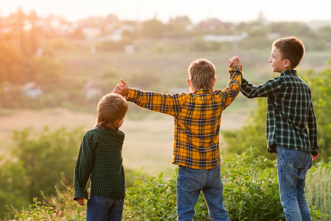 Three brothers at dusk in field back view