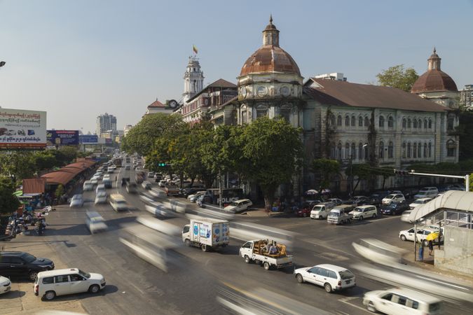Yangon, Myanmar - December 19, 2019: Traffic jams in front of the Yangon Divisional Court building