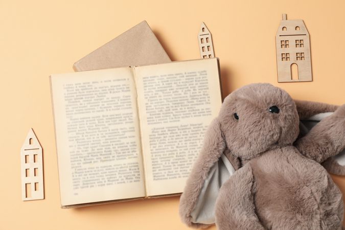 Concept of baby book or books for children, top view