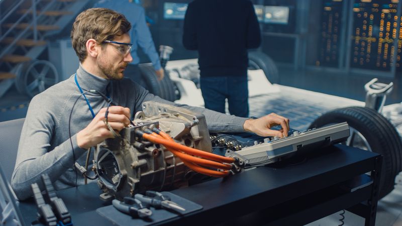 Professional Automotive Engineer in Glasses with a Computer and Inspection Tools is Testing an Used Electric Engine in a High Tech Laboratory with a Concept Car Chassis.