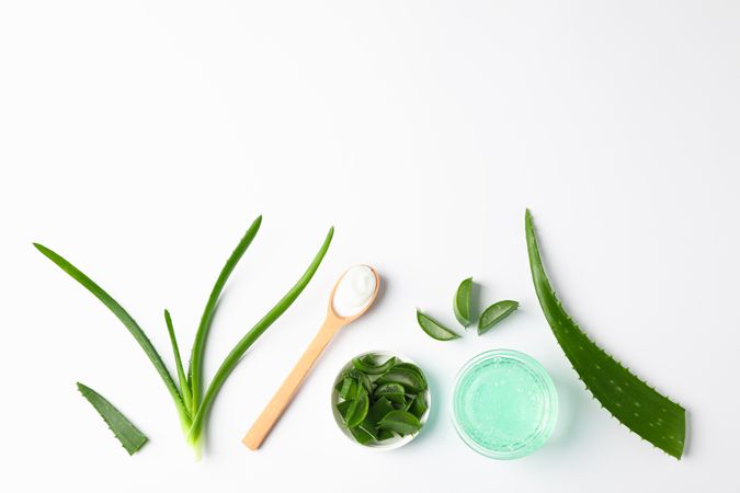 Flat lay composition with natural treatment accessories on plain background, space for text. Aloe vera
