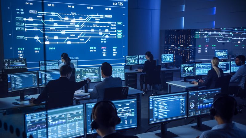 Diverse Team in a Modern Control Room Analyzes Complex Data on Multiple Screens, Focusing on Cybersecurity and Network Efficiency.