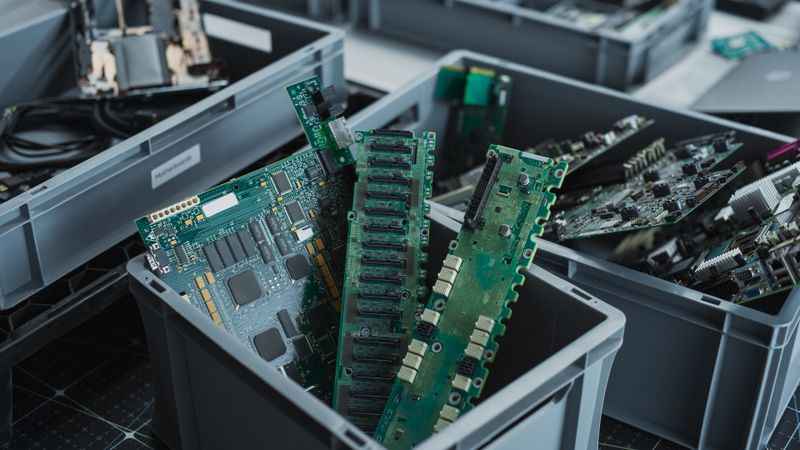 Close-Up Shot Of Boxes With Computer Parts Sorted For Recycling At Sustainable Electronics Factory.