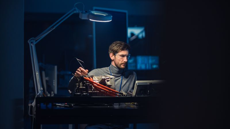 Professional Automotive Engineer in Glasses and Inspection Tools is Testing an Used Electric Engine in a High Tech Laboratory at Night.