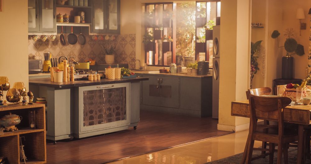 Wide Shot of an Empty Cosy Kitchen Decorated with Indian Style.