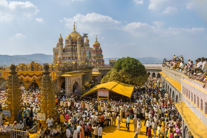 Jejuri, Maharashtra, India - Dec 30, 2024: Palkhi of Lord Khandoba at the famous and beautiful Khandoba temple at Jejuri during the festival of Somvati Amavasya
