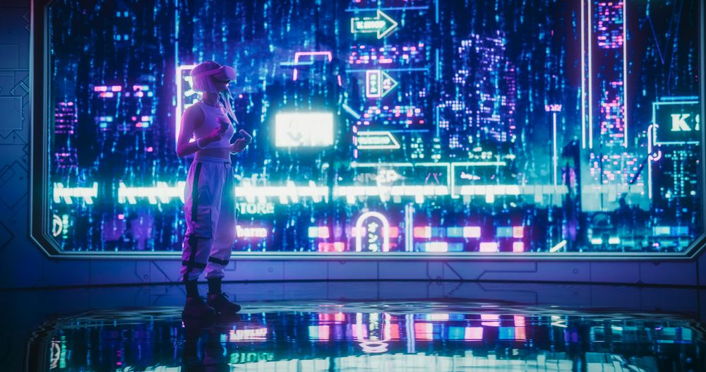 Extravagant Gamer Wearing a Virtual Reality Headset and Using Controllers in Room with Cyberpunk Cityscape.