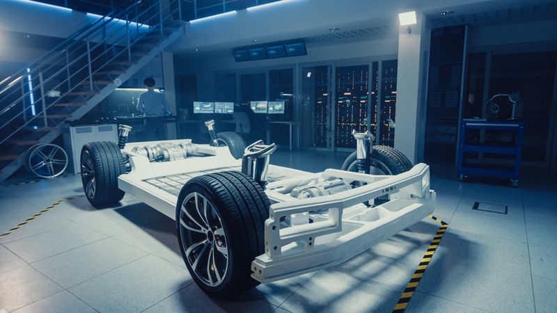 Concept of Authentic Electric Car Platform Chassis Prototype Standing in High Tech Industrial Machinery Design Laboratory.