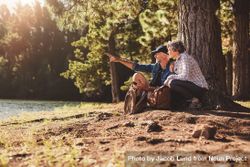 Mature couple sitting by a tree in forest with man showing something to woman 5kjQG0