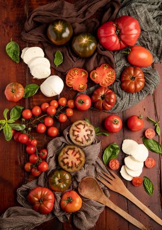 Salad ingredients on board and napkin