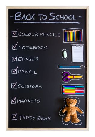 School supplies over chalkboard background