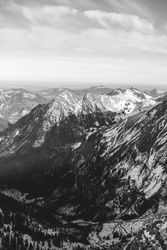 B&W shot of snowy mountains