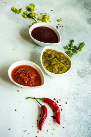Three colorful spicy traditional Georgian sauces