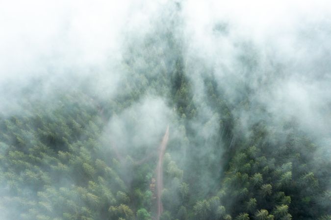 Aerial view on a foggy day in Forest, Germany, at sunrise