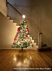 Decorated Christmas tree brightly illuminated in home at night 5pazg4