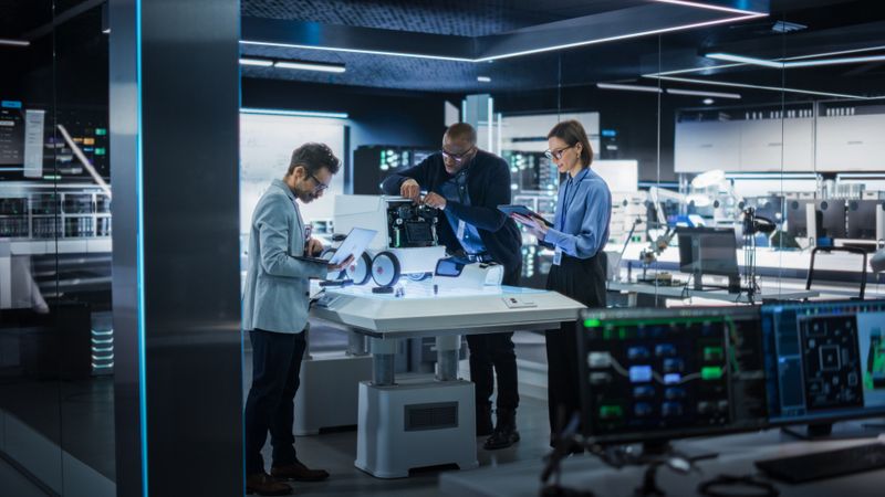 Industrial Robotics Specialists Working on a Mobile Robot, Using a Tablet Computer and Laptop. Black Male Engineer In a Lab Discussing an Automated AI Robotic Delivery Assistant with His Young Team