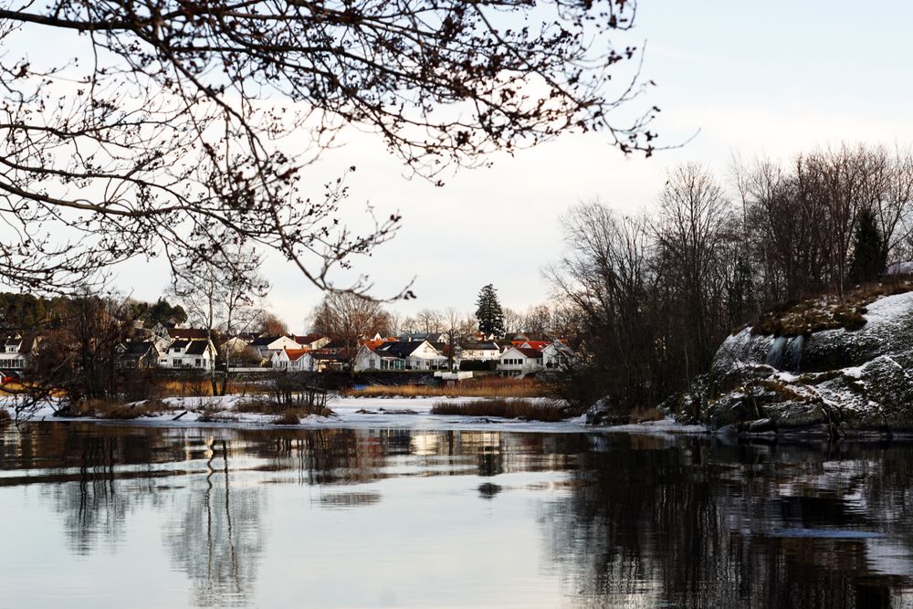 Town at snowy river side and bare trees reflecting in still water