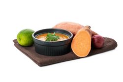 Concept of tasty food, sweet potato puree, isolated on plain background