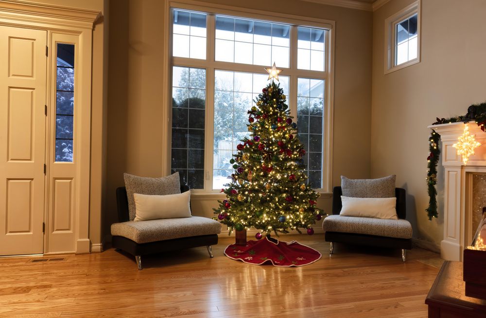 Christmas setup with snow outside of home window