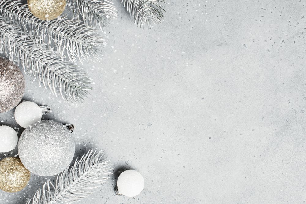 Silver holiday flatly with frosted pines and baubles