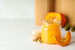 Concept of different cosmetic products, Pumpkin cosmetics, space for text