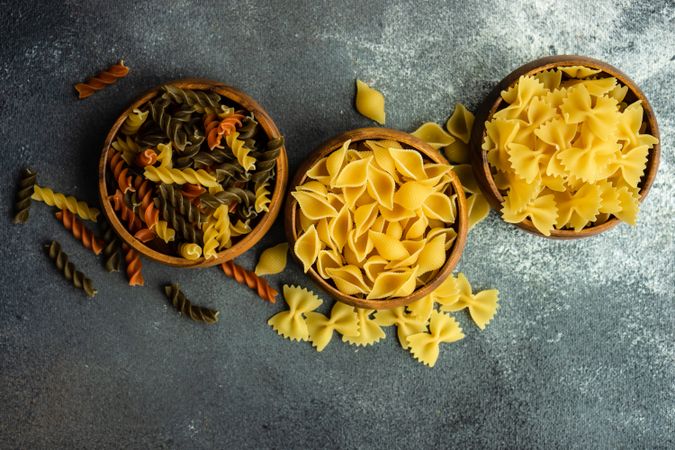 Three bowls of different Italian pastas