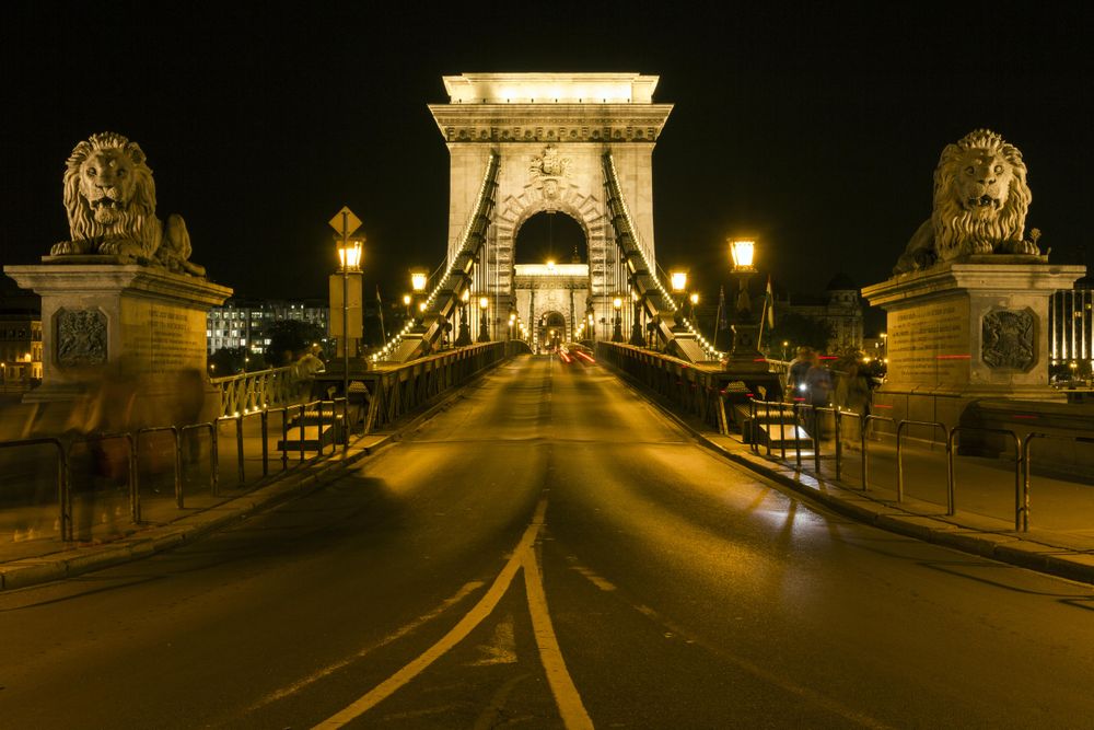 Famous Szechenyi Chain Bridge in Hungary with clear night sky