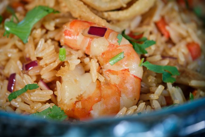 Delicious fried rice with shrimp in bowl